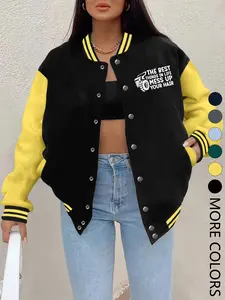 Women's Fall Winter New Baseball Jacket, Letter Print Casual Sporty Coat, Fitted Design, Hip Hop Style, Suitable for Daily Wear