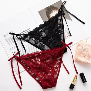 Women's Adjustable Tie-Side Low-Rise Lace Thong, Sexy Open-Work Embroidered Sheer Lingerie with Lace Strings and Elegant Strap Design