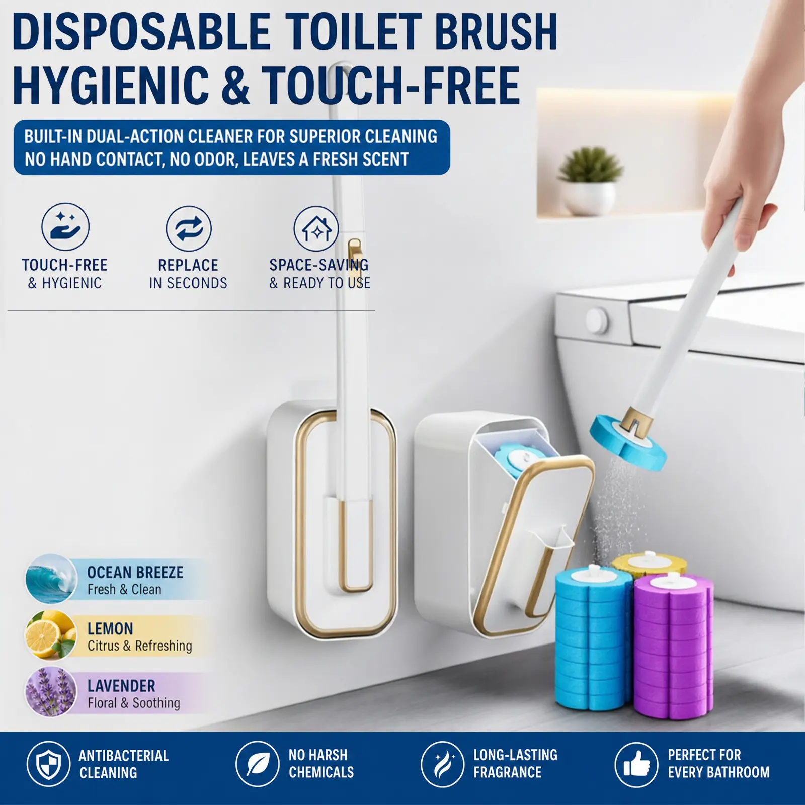 Disposable Toilet Brush, Portable Wall-Mount Wand Set, 24PCS Cleaner Refills, Versatile Scrub Tool for Toilet, Basin, Bathtub & Urinal, Daily Household Cleaning Supplies