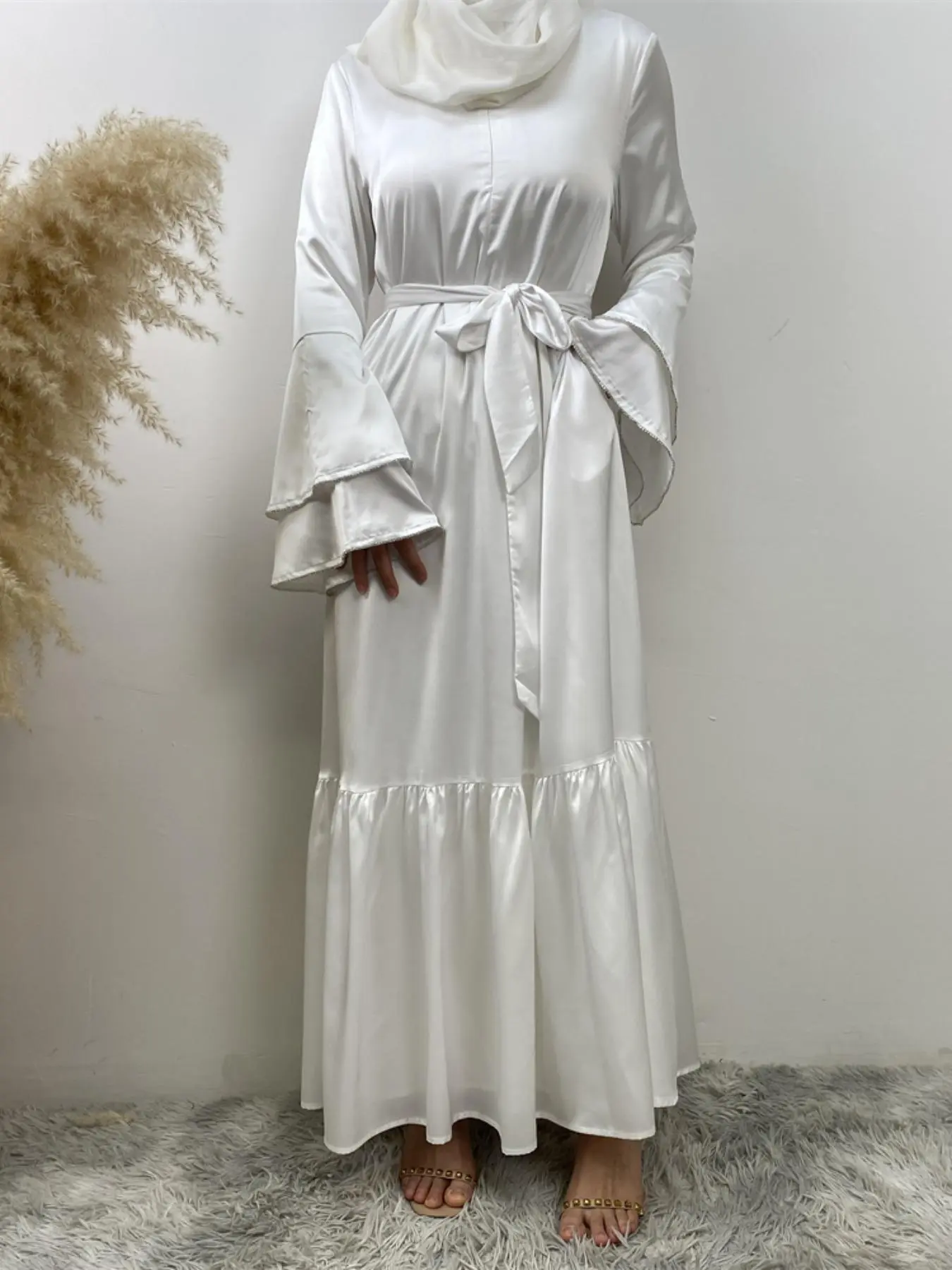 Women's Solid Belted Ruffle Hem Zipper Back Arabian Dress, Elegant Tiered Layer Flounce Sleeve Long Dress for Party Wedding Guest, Ladies Spring & Fall Clothes