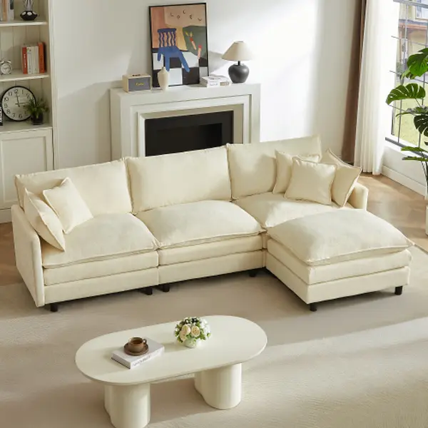 110" Sectional Sofa Couch for Living Room,Modern Chenille L Shaped Couch, Modular Sofa Sleeper with  Chaise & 3 Pillow Beige