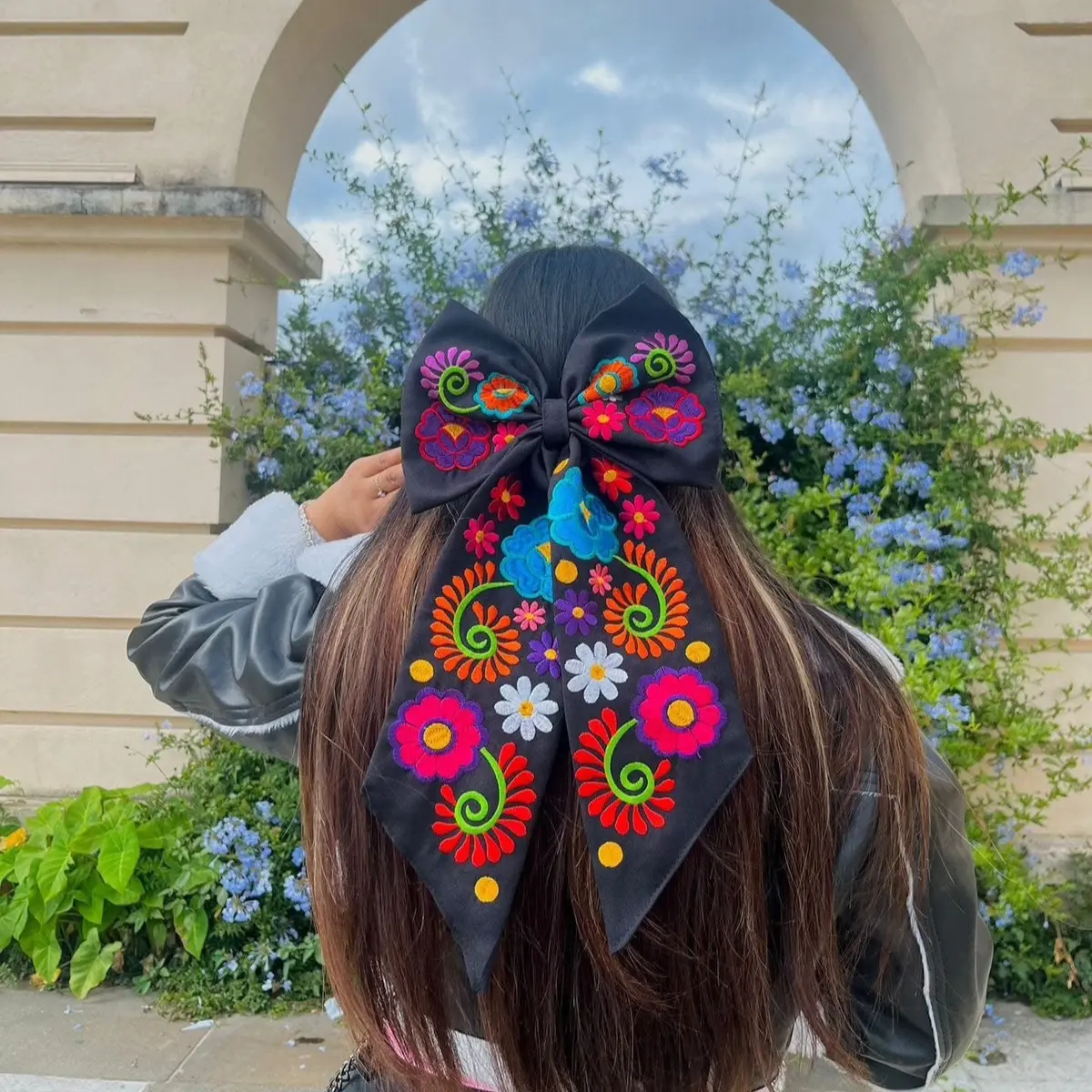 Coquette Embroidered Hair Bow - Large Hair Bows with Mexican Design, Customizable Style, Unique Accessory for Everyday Wear
