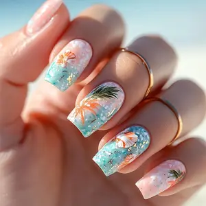 24pcs Summer Limited Edition Ocean Shell Gradient Short Square False Nails, Fresh Island Style Wearable Nail Art, Glossy Finish