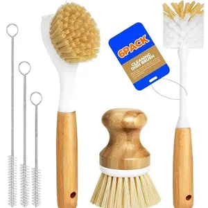 New Deal - 6 Pack Dish & Vegetable Cleaning Brushes Set - Includes Bottle, Palm, Straw Brushes - Soft Bristles & Scraper for Dishes, Bowls, Sink & Kitchen Utensils - Yellow