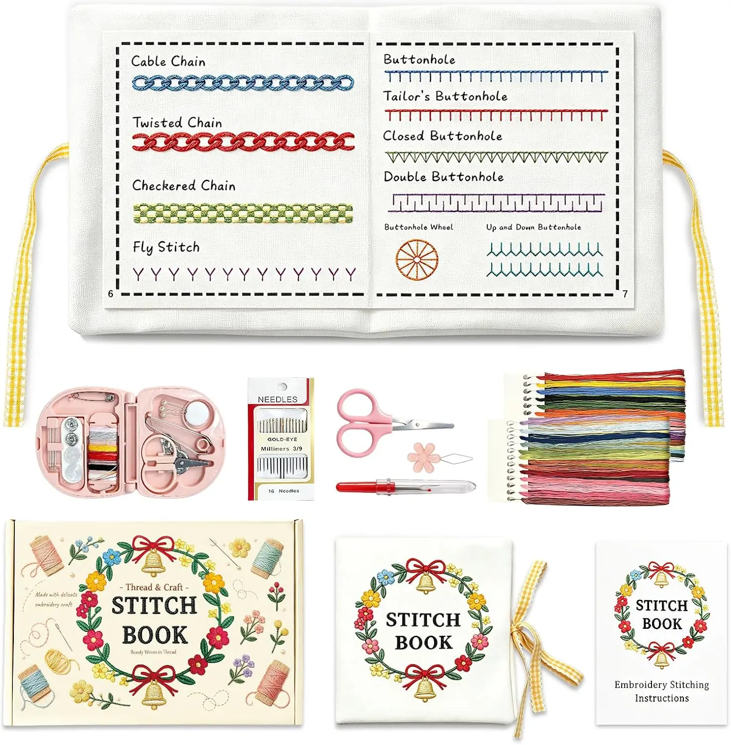 Embroidery Stitch Book Kit for Beginners, DIY Hand Sewing Set with Practice Patterns, Full Tools & Step-by-Step Guide