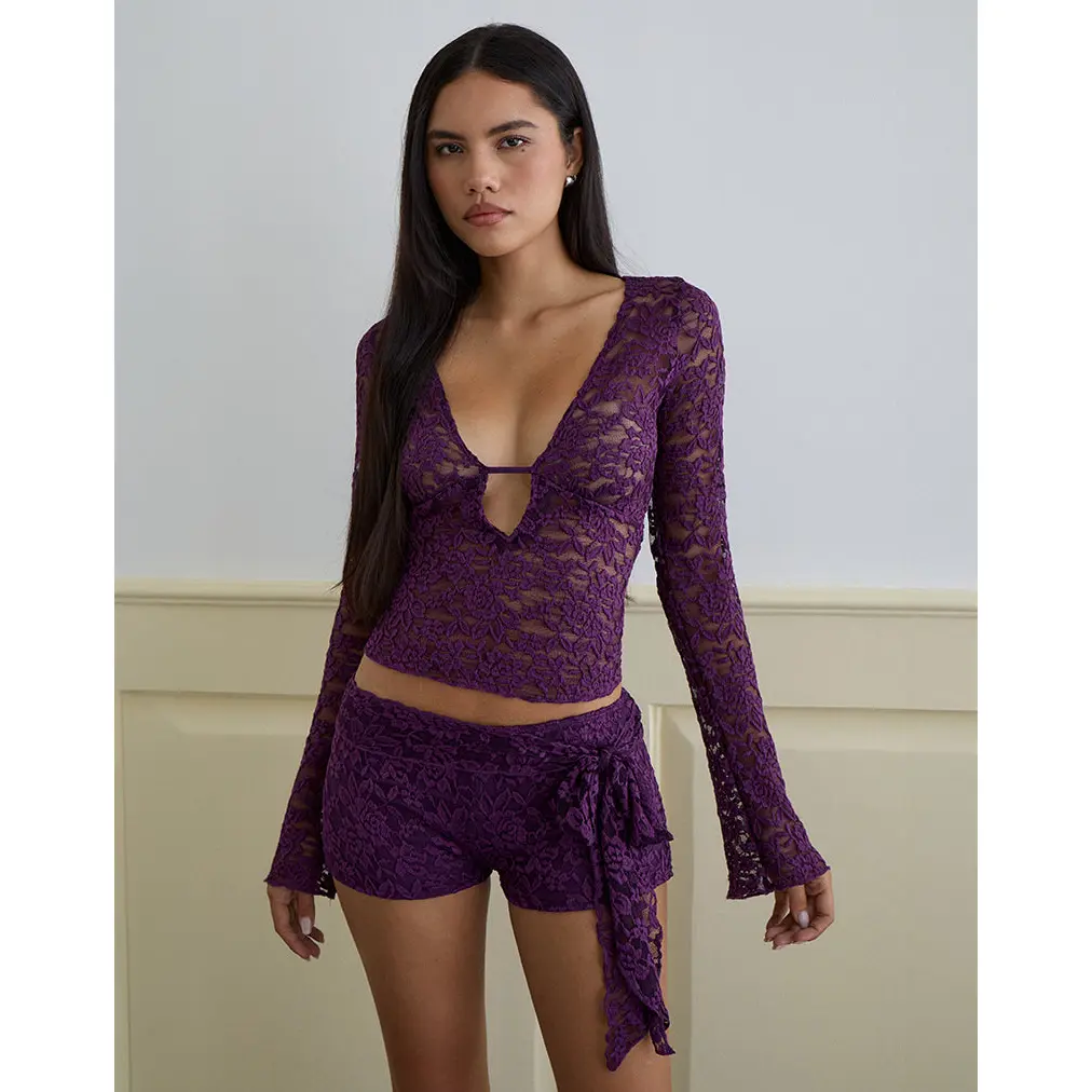 Mahota Deep Plunge Long Sleeve Top in Lace Purple