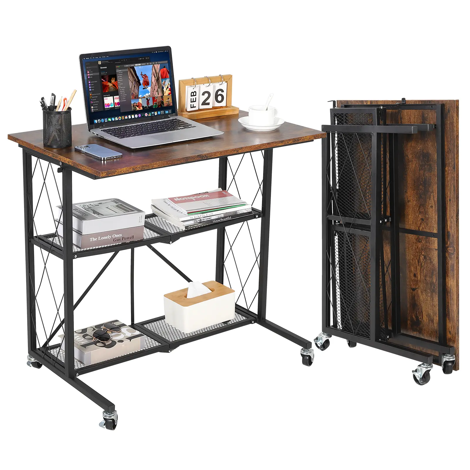 31.5 Inch 3-Tier Foldable Desk with Rolling Wheels, Large Capacity Freestanding Metal Wire Shelving Rack, No Assembly Required, Multi-Use Organizer for Study Room, Kitchen, Living Room & Balcony