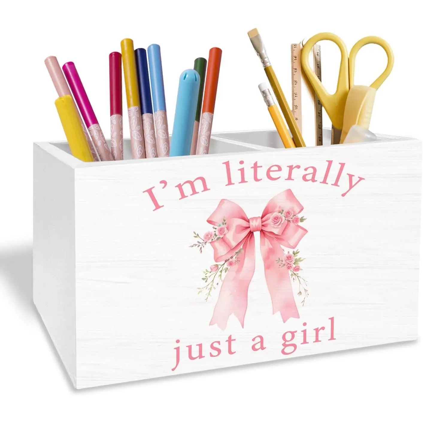 Rose  Bow Pen Holder for Desk, Preppy Girly Bow Pencil Organizer, I'm Literally Just a Girl Wooden Box Sign Desk Decor for Girls Bedroom Dorm  Office Decoration