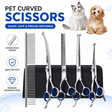 Professional 5-in-1 Stainless SteelDog & Cat Grooming Scissors Multi PackRight Handed, Safe Round Tips, SharpDurable Groomer Tools, Precision CutUniversal Kit