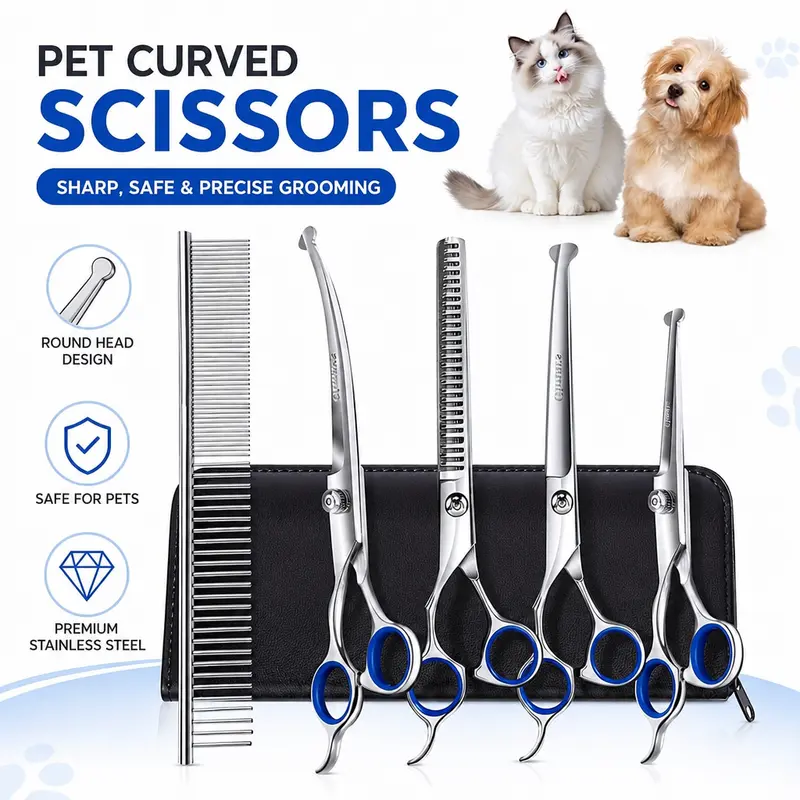 Professional 5-in-1 Stainless SteelDog & Cat Grooming Scissors Multi PackRight Handed, Safe Round Tips, SharpDurable Groomer Tools, Precision CutUniversal Kit