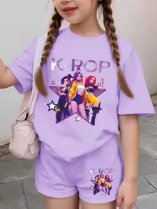 K-Pop Trendy Girl Group Print Kids Short Sleeve T-Shirt + Shorts Set, Summer Korean Street Style Clothing, Breathable Comfort Round Neck Half Sleeve