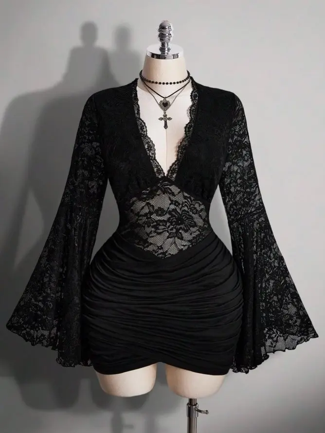 Plus Size V-Neck Criss-Cross Hem Lace Bodycon Dress, Y2K Retro Gothic Flare Sleeve Black Vampire Women Clothes Witchy Demon Elegant Party Fall
