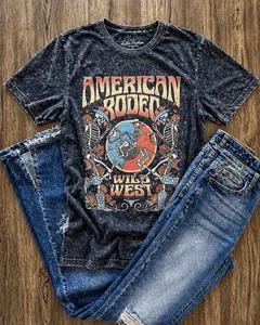 Women's Classic Casual Aesthetic Short-Sleeve American Rodeo Graphic T-Shirt - Black