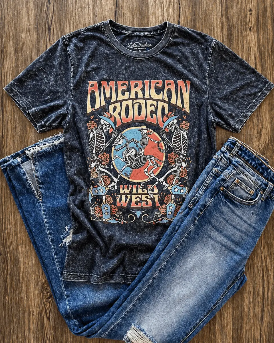 Women's Classic Casual Aesthetic Short-Sleeve American Rodeo Graphic T-Shirt - Black