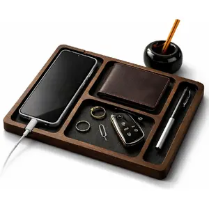 Desk Organizer – Wooden Desk Organizer Tray with Phone Charging Slot, Dark Walnut Valet Tray for Men with Ceramic Pen Holder, Office Supply Organizer, Thoughtful Easter Gift for Men, Dad or Husband