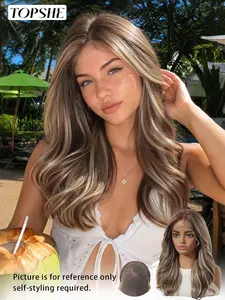 Topshe 13*6 Gold Highlights Lace Front Wig, HD Frontal Wig, Long Wavy Style, Smooth Texture, Natural Hairline, Breathable High-Definition Lace, Heat Resistant