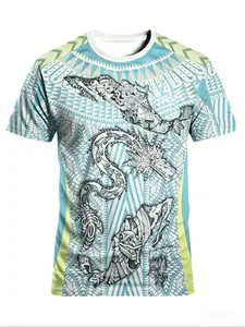 Men's Aztec Quetzalcoatl Mexico Map Sport T-Shirt, Tribal Style Round Neck Short Sleeve Top, Loose-Fitting Geometric Pattern, All Seasons
