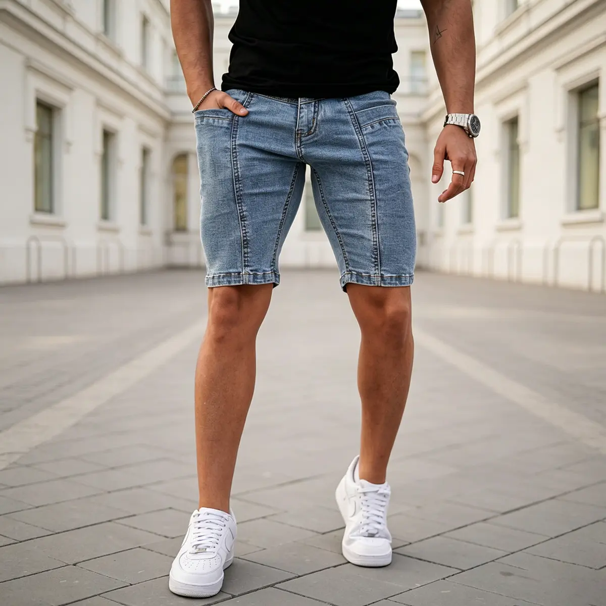 GINGTTO Men's Skinny Denim Shorts Casual Wash Knee-Length Jean Shorts Summer Streetwear Style Tapered Leg