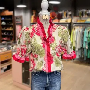 Cherrybetty Ruffle Stripe Trim Floral Poplin Top Light Elegant Fashion Blouse Shirts Womenswear Flowers women's summer outfits going tops fashion outfits 90s graphic tees cute summer outfit