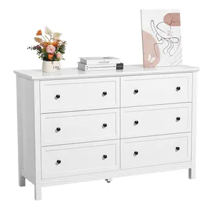 【DealsForYouDays】VEVOR 6 Drawer Dresser,  Wooden Chest of Drawers with Sliding and Anti-tip Device, Retro Minimalist Dresser Chest, Closet Storage TV Stand Organizer for Living Room, Hallway, Bedroom, Entryway, White