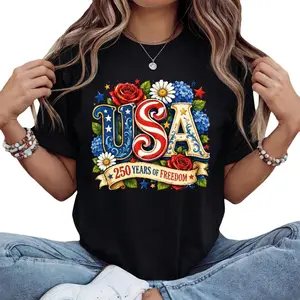 Floral USA Lettering 250th Anniversary T-Shirt Retro Watercolor Style For Women Who Love Vintage Holiday Vibes