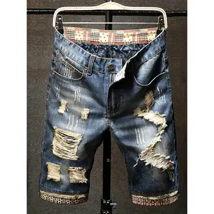 Men's Retro Patchwork Denim Shorts, Cotton Distressed Jean Shorts with Ripped & Tribal Trim, Vintage Streetwear Casual Shorts