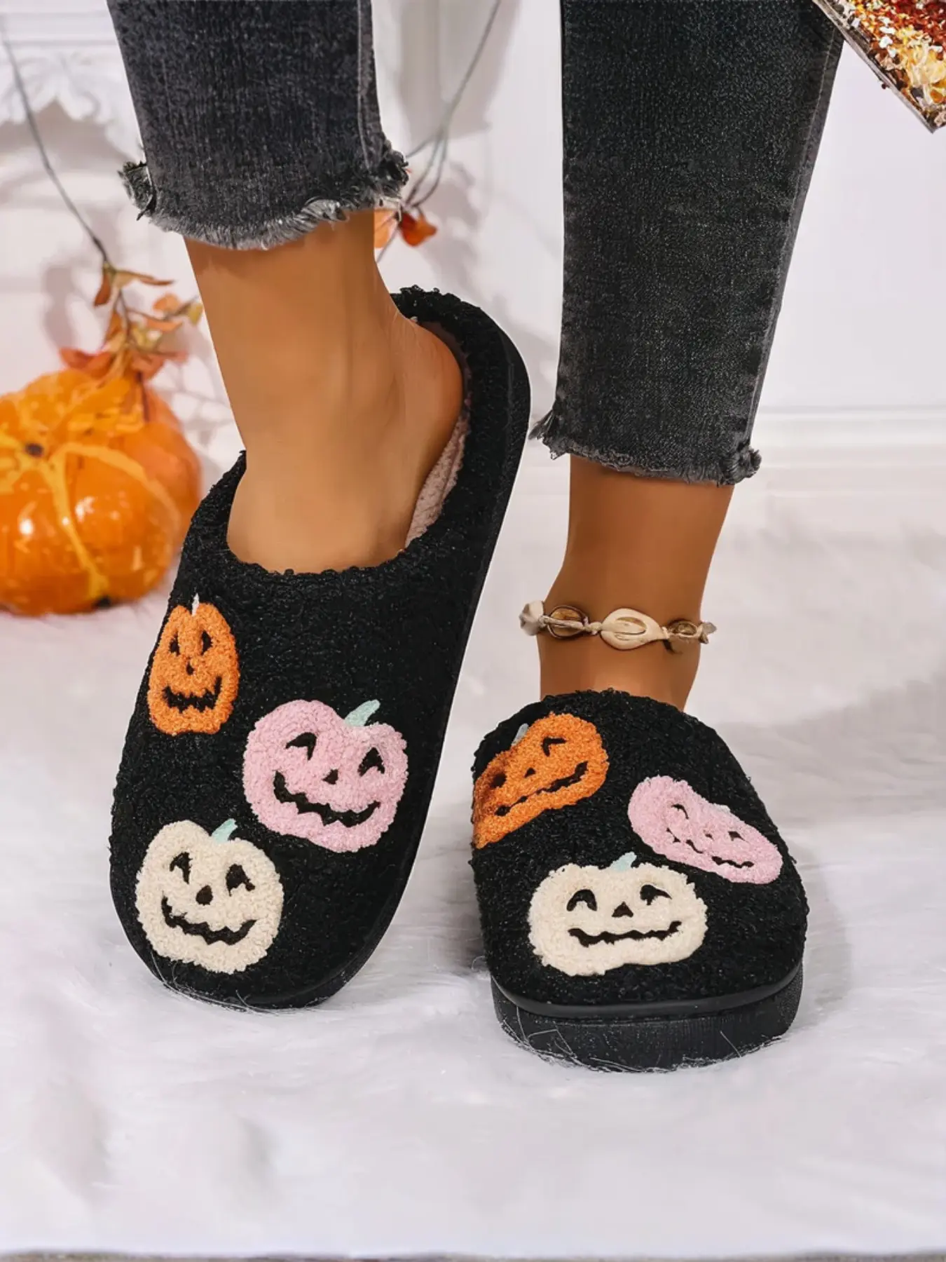 Halloween Embroidered Women's Slippers, Fall Winter Warm Anti-Slip Unisex, Fashion Textile Upper Rubber Sole, Indoor Cartoon Pattern