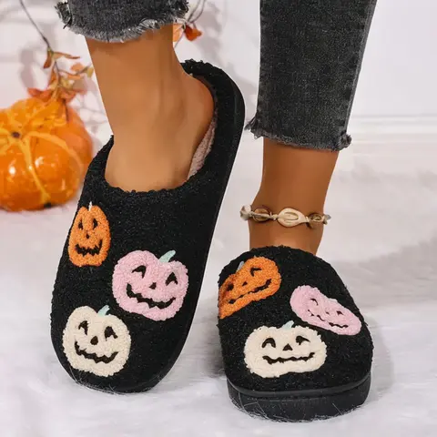 Halloween Embroidered Women's Slippers, Fall Winter Warm Anti-Slip Unisex, Fashion Textile Upper Rubber Sole, Indoor Cartoon Pattern, Indoor Home Footwear