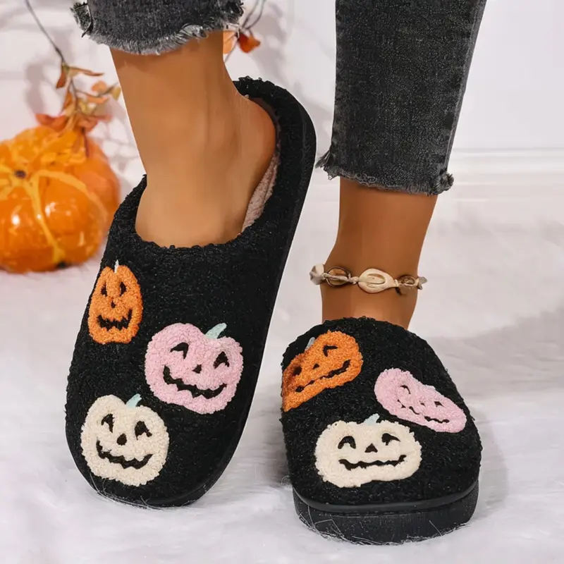 Halloween Embroidered Women's Slippers, Fall Winter Warm Anti-Slip Unisex, Fashion Textile Upper Rubber Sole, Indoor Cartoon Pattern, Indoor Home Footwear