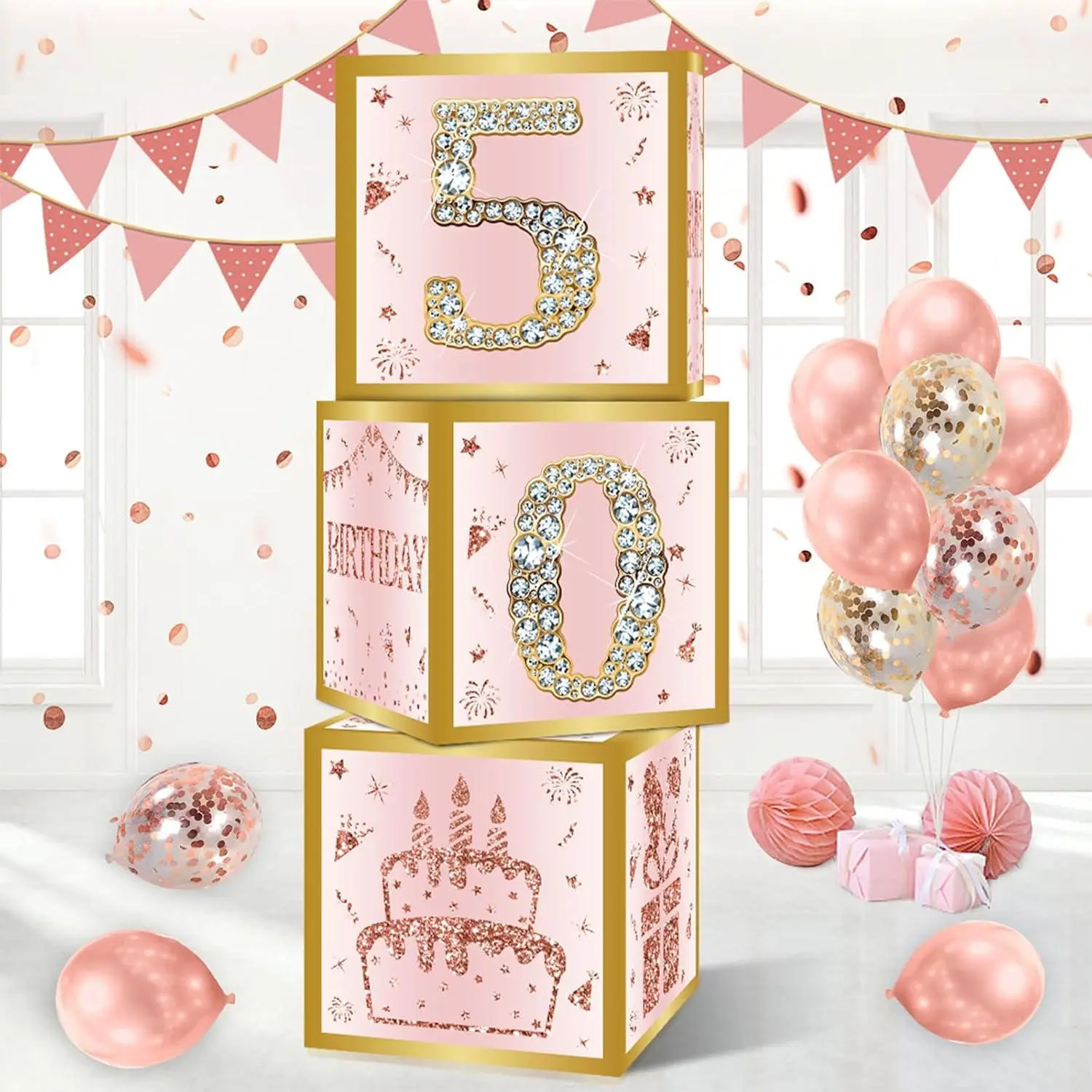 50Th Birthday Decorations Boxes For Women - 3Pcs Pink Rose Gold Happy 50Th Birthday Balloons Boxes,Fifty Year Old Birthday Theme Cardboard Box Decor
