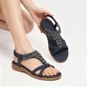 Womens Arch Support Sandals Slingback Rhinestone Dressy Sandals Comfort Summer Shoes Ankle Strap Elastic Flats for Beach Walking