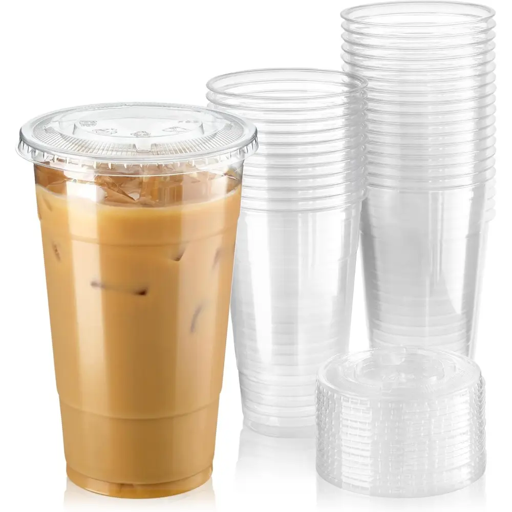 50 Pack 24 oz Clear Plastic Cups with Flat Lids-Disposable Iced Coffee Cups, BPA Free Premium Crystal Smoothie Cups for Party, Lemonade Stand, Cold Drinks, Juice, Milkshake