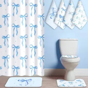 8 Pcs Bow Shower Curtain Set Coquette Bow Bathroom Decor Set Cute Aesthetic Bathroom Curtain with 12 Hooks - Slip Rug Toilet Lid Cover Bath and Towels Women Home Bath