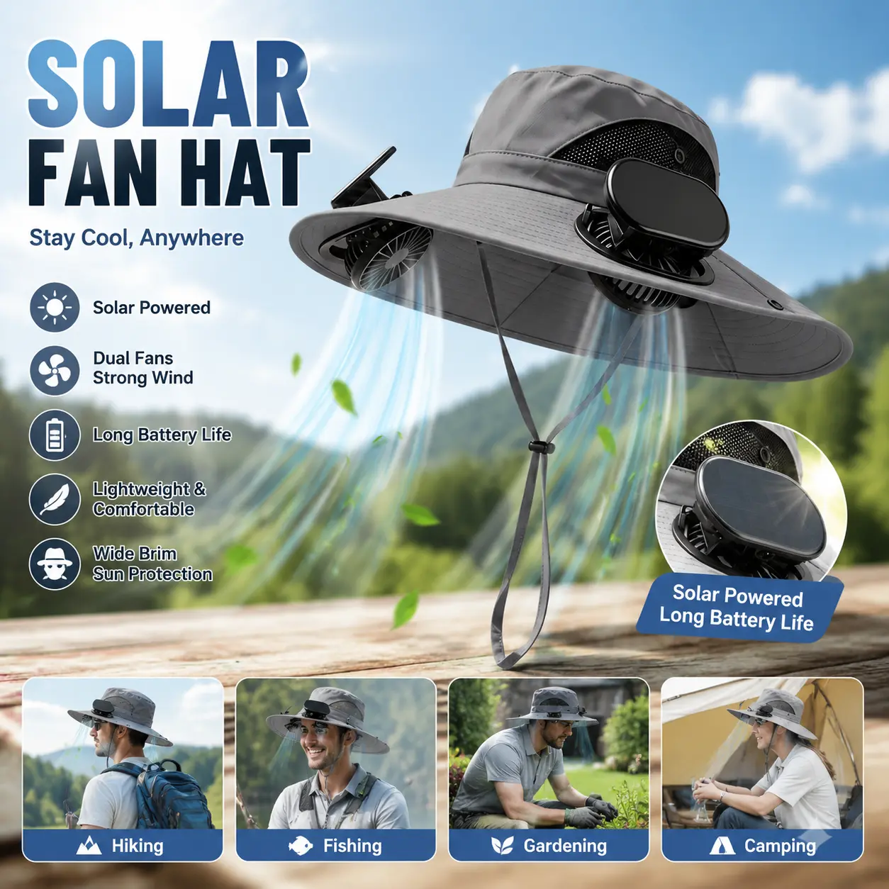 Unisex Solar-Powered Cooling Fan Hat - Adjustable Outdoor Cooling Sun Cap, Solar Charging, 3-Speed Adjustment, UPF 50 Wide Brim, USB Rechargeable, for Camping, Gardening (Household Appliance Accessory), Adjustable Outdoor Hat