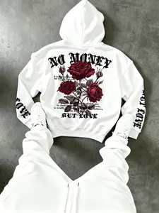 High Street Trendy Men's Hoodie, Long Sleeve, Sweatshirts, Drop Shoulder Design, Rose Flower Love Quote Print, Casual Fall Winter Streetwear Essential