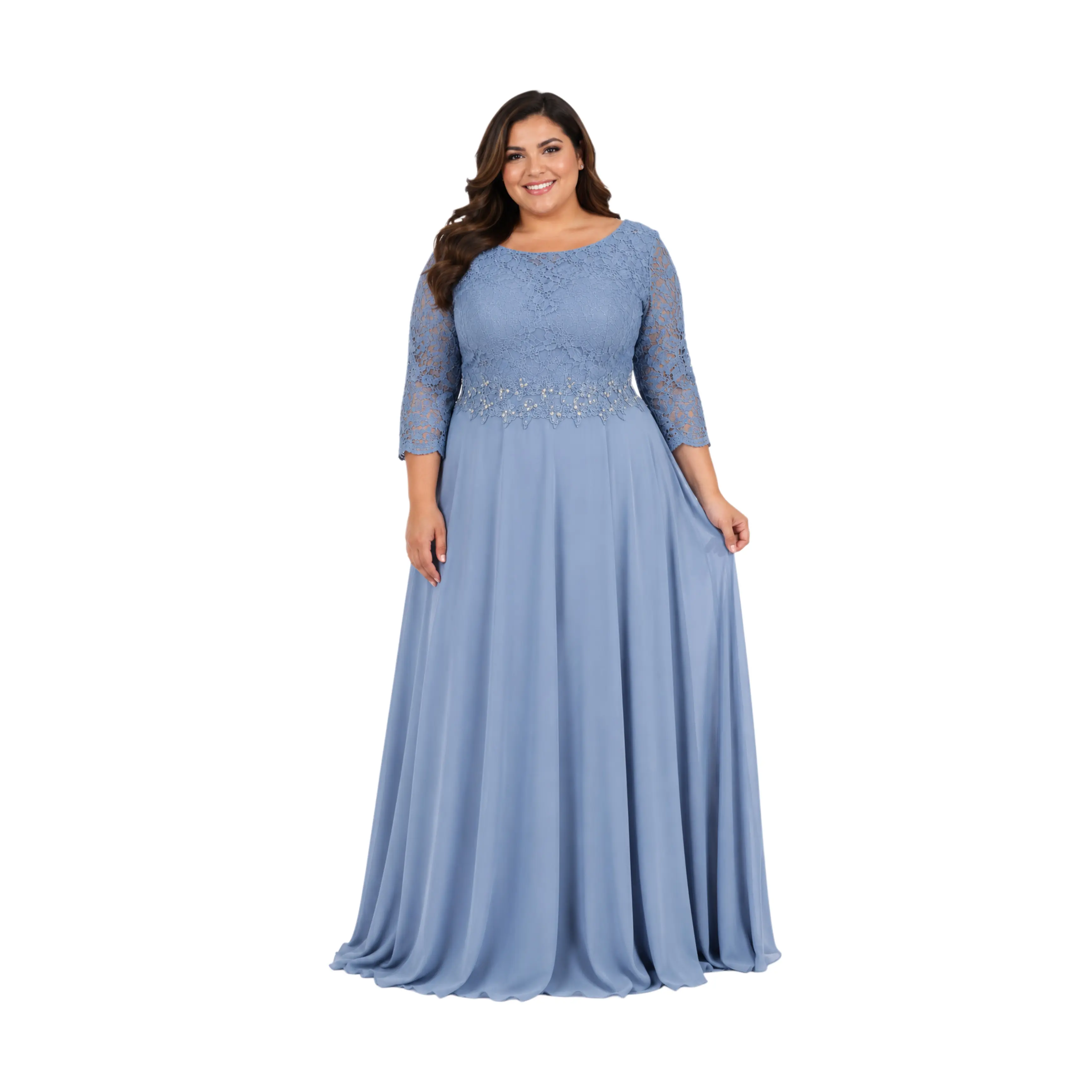 Elegant Plus Size Women's Long Formal Evening Dress with 3/4 Sleeves, Flowy A-Line Maxi Gown, Round Neck, Special Occasion Party, Wedding Guest, Prom, Bridesmaid & Mother of the Bride Dress, Comfortable Elegant Fit