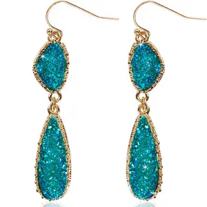 Humble Chic Simulated Druzy Drop Dangles - Long Double Teardrop Dangly Earrings for Women, Gold - Blue Green Stone