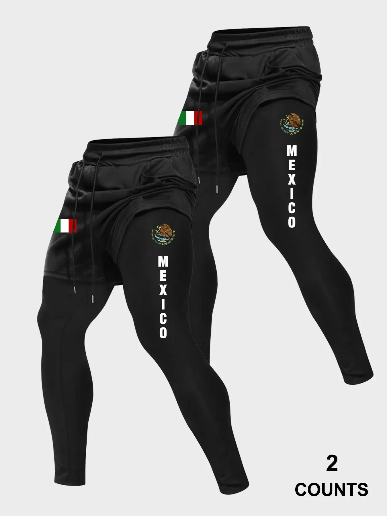 Men's Sport Pants with Mexican Eagle Print, 2-Pack Elastic Drawstring Long Pants, Running Training, Gym Workout, Casual Style