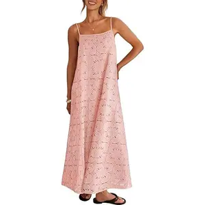 MEROKEETY Women's 2026 Summer Spaghetti Strap Sundress, Casual Sleeveless Floral Lace Eyelet Boho Beach Maxi Dress