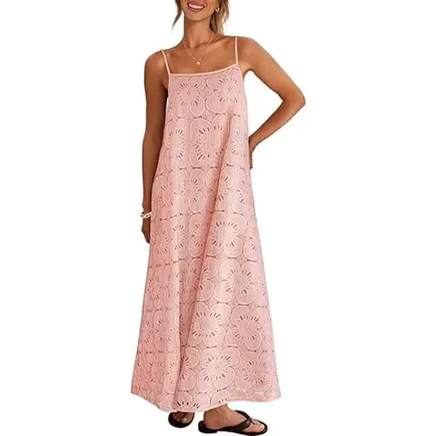 MEROKEETY Women's 2026 Summer Boho Casual Fashion Spaghetti Strap Sundress - Chic Floral Lace Eyelet Sleeveless Long Dress, Wedding Guest & Resort Wear Casual Dress, Casual Wear