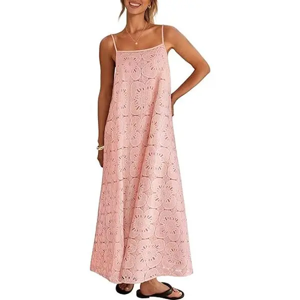 MEROKEETY Women's 2026 Summer Boho Casual Fashion Spaghetti Strap Sundress - Chic Floral Lace Eyelet Sleeveless Long Dress, Wedding Guest & Resort Wear Casual Dress, Casual Wear