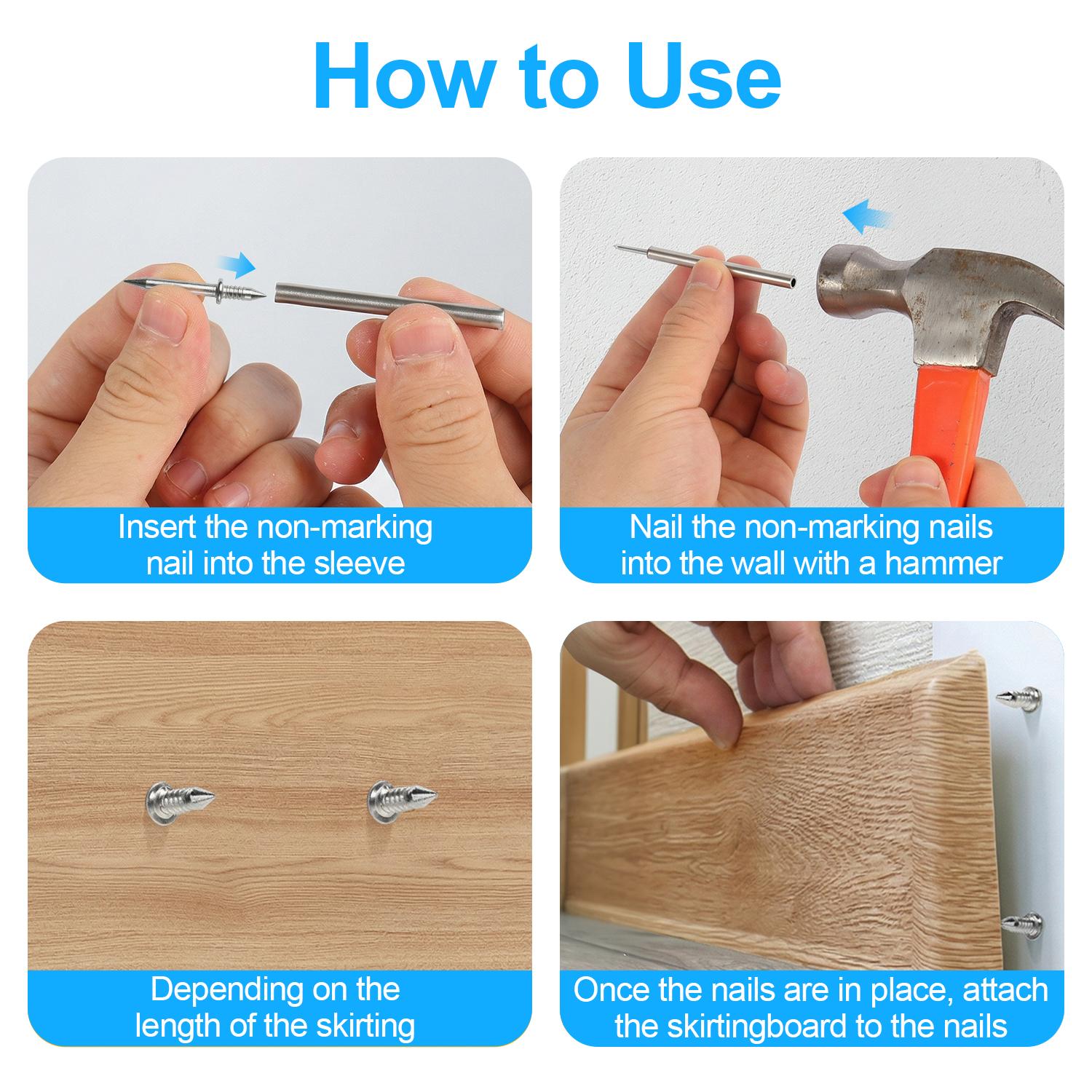 Non-Marking Double-Headed Skirting Nails, No Drilling Required Damage-Free Wall Nails, Easy Installation Mounting Kit for Baseboards, Wall Panels, Furniture Cover Plates, Sturdy Invisible Skirting Board Nails