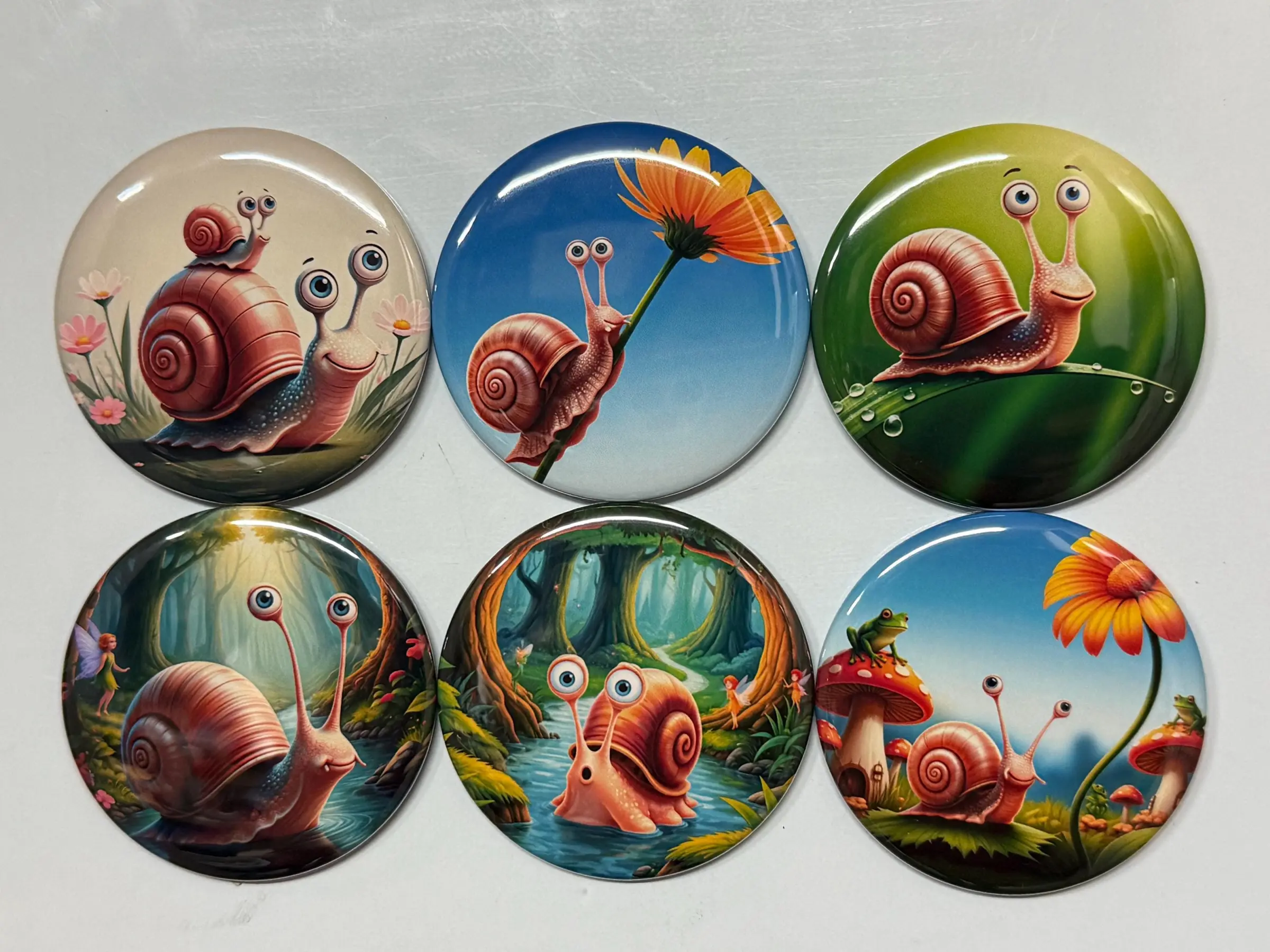 6 Snail Fridge Magnets, pinbacks, flatbacks and more.  Choose your size/style. (s1)