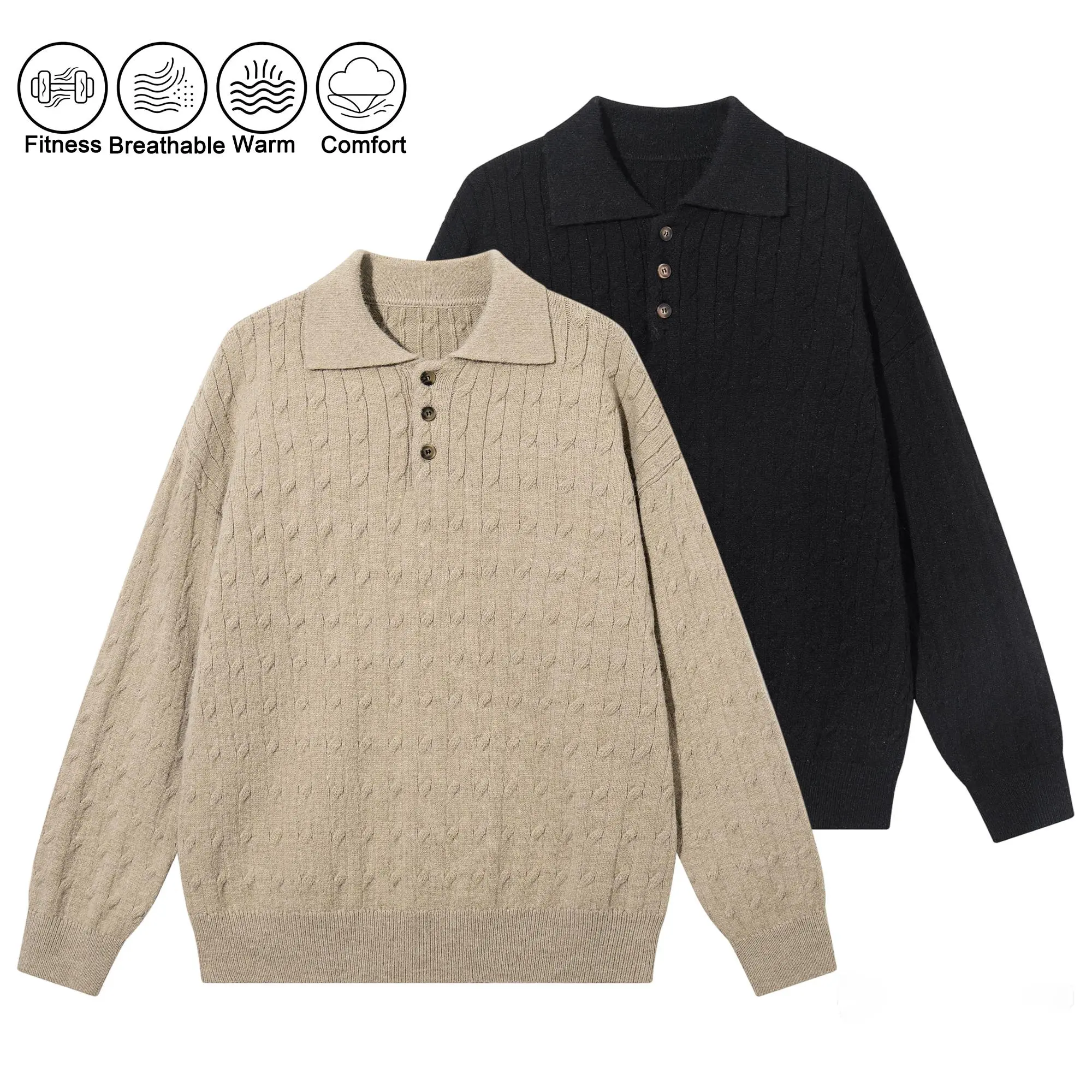 Men's vintage cable-knit polo sweater, solid color, turn-down collar, button closure, loose casual knit top