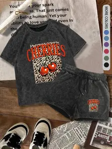 2 Piece Vintage Wash Cherry Leopard Print Loose T-Shirt Set, Casual Summer Half Sleeve Tops for Men and Women, High Street Hip Hop Style