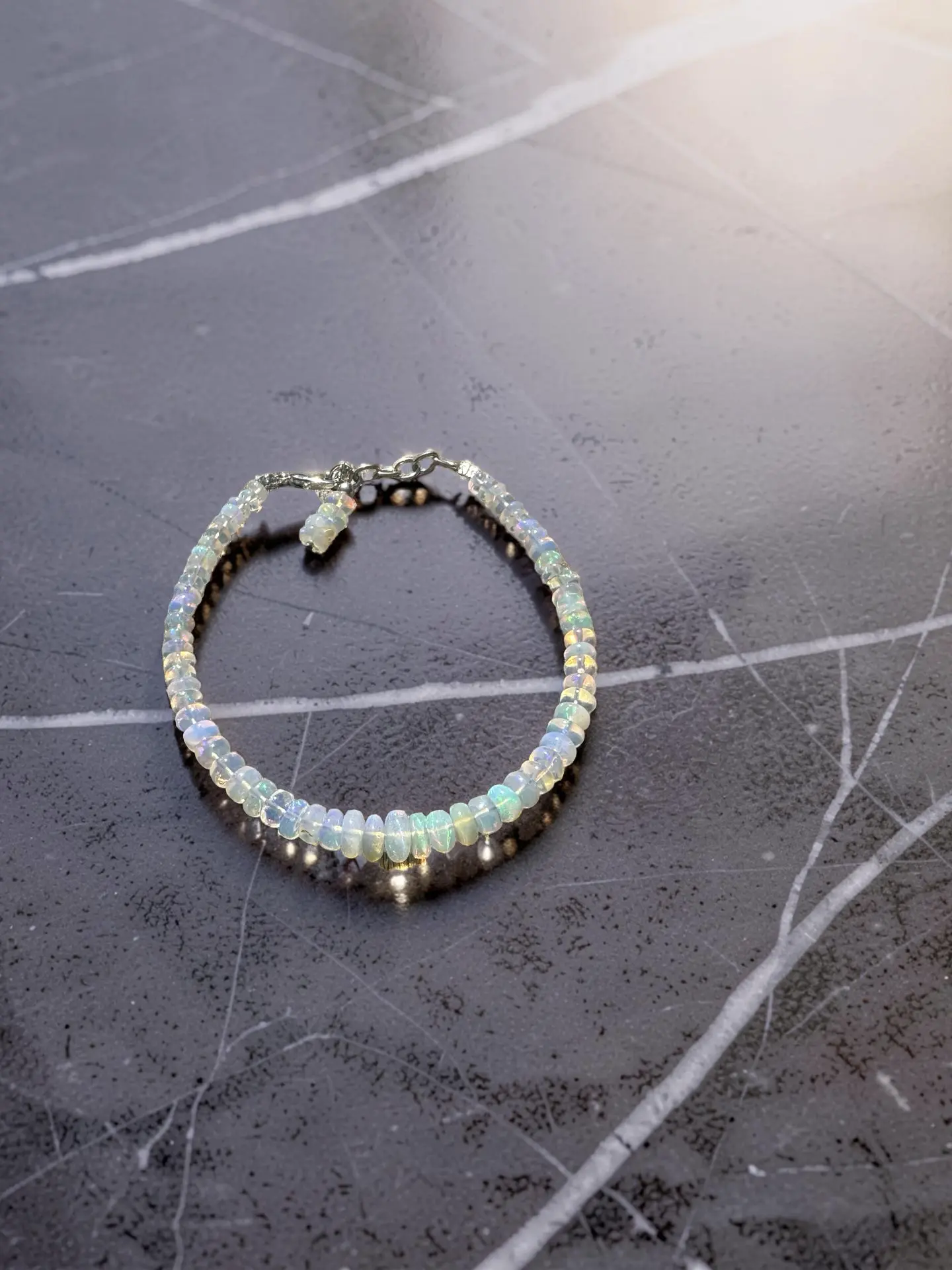 Natural Ethiopian White Welo Opal Bracelet | Solid 925 Sterling Silver,  Rondelle Beads, 7.5 Inch