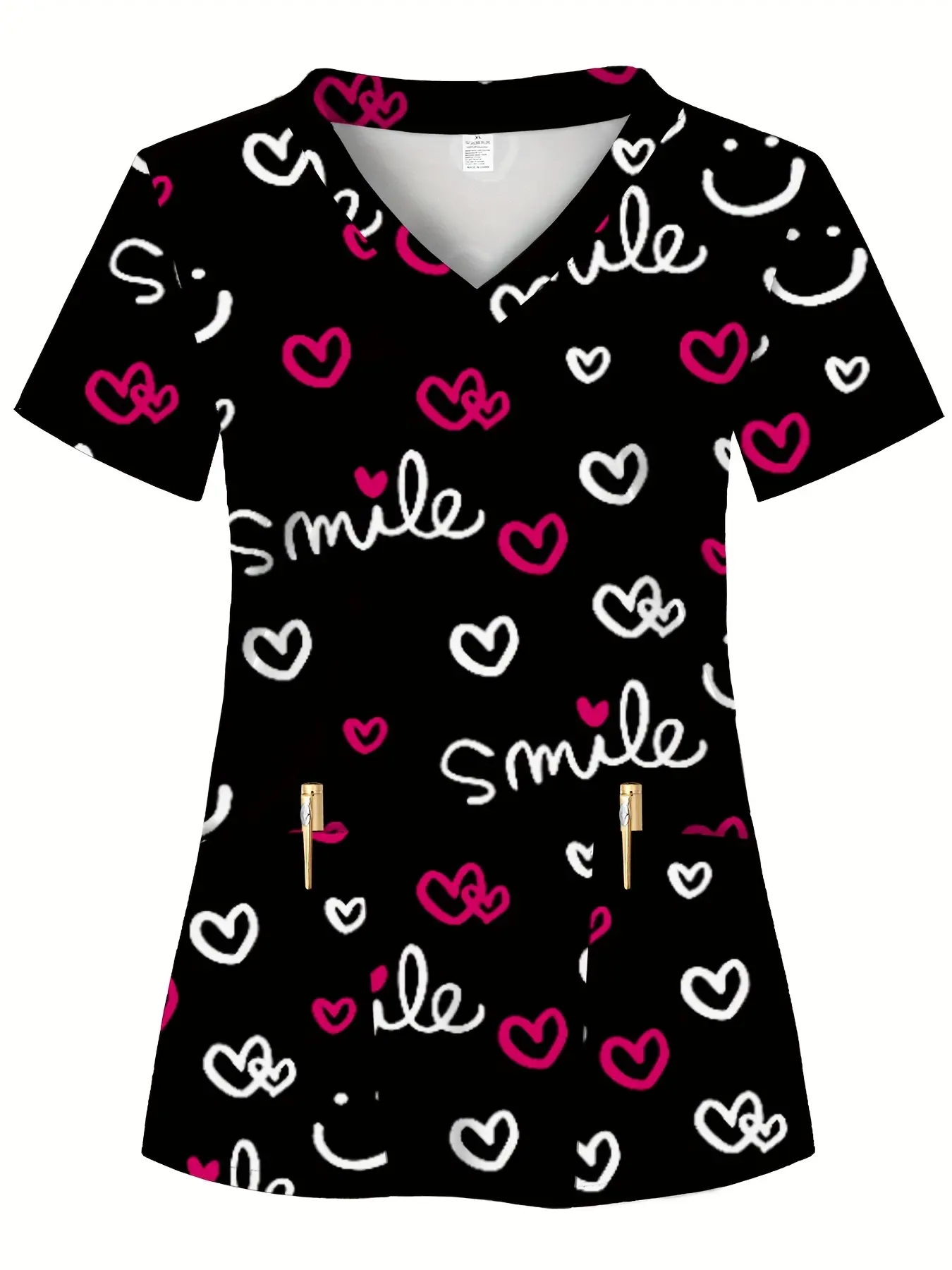Full-body Print, SMILE Design, Women's Scrub Top with Two Pockets - A Comfortable, Breathable, and Practical Uniform Suitable for Professionals in Hospitals, Dental Clinics, Beauty Salons, and Healthcare Institutions. Nurse Workwear