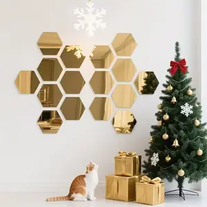 24 pieces of golden hexagonal mirror wall decoration, Decorative - acrylic modern geometric wall sticker, easy to tear and paste, suitable for DIY home, wedding, party, holiday center decoration of walls, bedrooms, living rooms