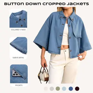 Imily Bela Womens Cropped Denim Jackets Casual Button Down Jean Shirt Shacket Loose 3/4 Sleeve Coat with Pockets