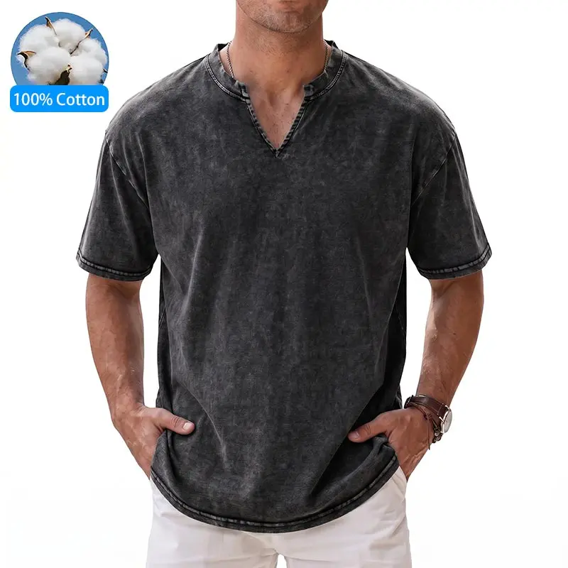 Men’s V-neck 100% cotton short-sleeve T-shirt, new summer arrival, loose casual fit, stylish and versatile, men’s summer wear